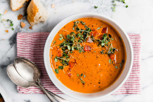 Roasted Red Pepper Creamy Soup with Broccoli and Basil Microgreens